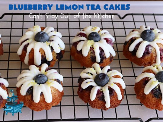 Blueberry Lemon Tea Cakes | Can't Stay Out of the Kitchen | these adorable #TeaCakes are made with fresh #blueberries & 3 kinds of #lemon flavoring including #LemonZest, #LemonJuice & #LemonExtract. They pop in flavor & are both #SugarFree & #GlutenFree. Terrific #dessert for family or friends with #Celiac or #Diabetes. #BlueberryDessert #LemonDessert #cake #BlueberryLemonTeaCakes
