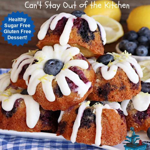 Blueberry Lemon Tea Cakes | Can't Stay Out of the Kitchen | these adorable #TeaCakes are made with fresh #blueberries & 3 kinds of #lemon flavoring including #LemonZest, #LemonJuice & #LemonExtract. They pop in flavor & are both #SugarFree & #GlutenFree. Terrific #dessert for family or friends with #Celiac or #Diabetes. #BlueberryDessert #LemonDessert #cake #BlueberryLemonTeaCakes