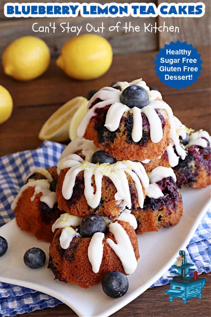 Blueberry Lemon Tea Cakes | Can't Stay Out of the Kitchen | these adorable #TeaCakes are made with fresh #blueberries & 3 kinds of #lemon flavoring including #LemonZest, #LemonJuice & #LemonExtract. They pop in flavor & are both #SugarFree & #GlutenFree. Terrific #dessert for family or friends with #Celiac or #Diabetes. #BlueberryDessert #LemonDessert #cake #BlueberryLemonTeaCakes