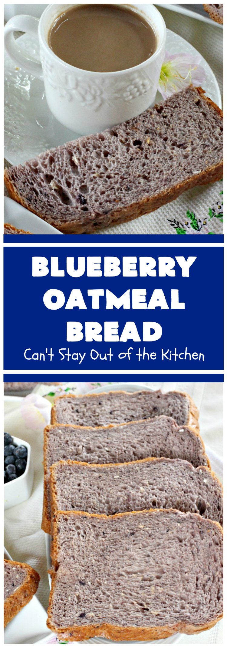 Blueberry Oatmeal Bread | Can't Stay Out of the Kitchen | this is a fantastic #YeastBread for the #breadmaker! This light and fluffy #BlueberryBread is not dense and heavy like many sweet #bread #recipes. It can be ready to bake in about 5 minutes! Terrific for #breakfast or as a #DinnerBread since it's not overly sweet. #BlueberryOatmealBread #Oatmeal #blueberries