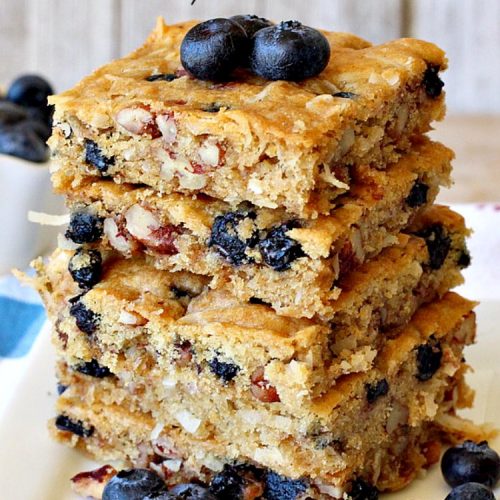 Blueberry Pecan Bars | Can't Stay Out of the Kitchen | these luscious, crunchy bar-type #cookies are filled with dried #blueberries, #pecans & #coconut. They're outrageously addictive! #tailgating #dessert #brownies #BlueberryDessert #BlueberryPecanBars