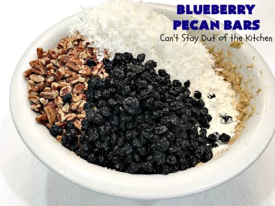 Blueberry Pecan Bars | Can't Stay Out of the Kitchen | these luscious, crunchy bar-type #cookies are filled with dried #blueberries, #pecans & #coconut. They're outrageously addictive! #tailgating #dessert #brownies #BlueberryDessert #BlueberryPecanBars