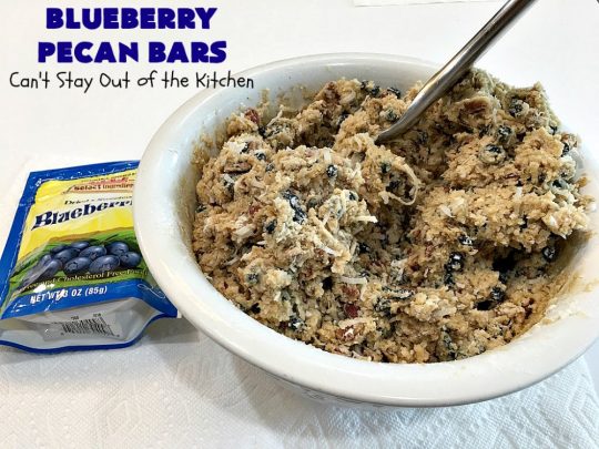 Blueberry Pecan Bars | Can't Stay Out of the Kitchen | these luscious, crunchy bar-type #cookies are filled with dried #blueberries, #pecans & #coconut. They're outrageously addictive! #tailgating #dessert #brownies #BlueberryDessert #BlueberryPecanBars