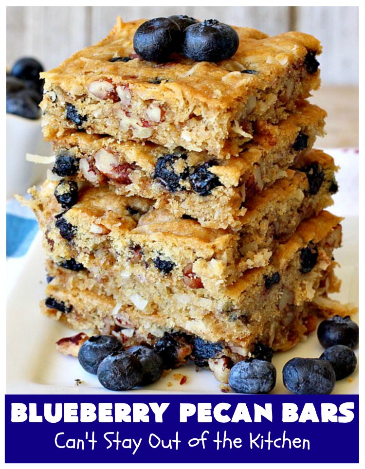 Blueberry Pecan Bars | Can't Stay Out of the Kitchen | these luscious, crunchy bar-type #cookies are filled with dried #blueberries, #pecans & #coconut. They're outrageously addictive! #tailgating #dessert #brownies #BlueberryDessert #BlueberryPecanBars