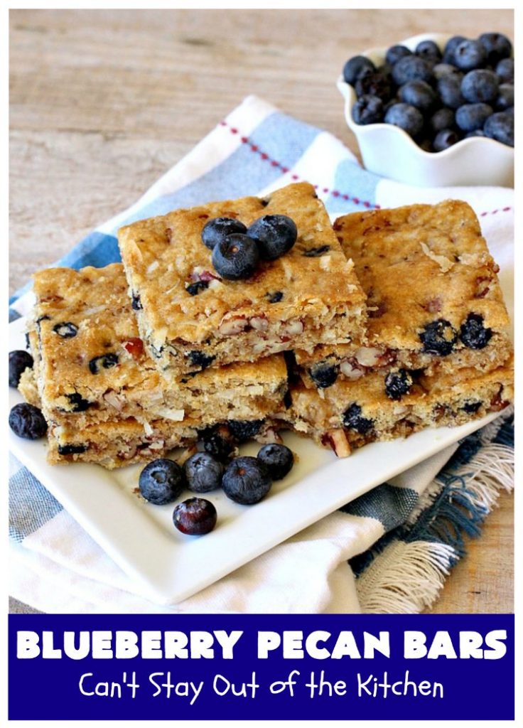 Blueberry Pecan Bars | Can't Stay Out of the Kitchen | these luscious, crunchy bar-type #cookies are filled with dried #blueberries, #pecans & #coconut. They're outrageously addictive! #tailgating #dessert #brownies #BlueberryDessert #BlueberryPecanBars