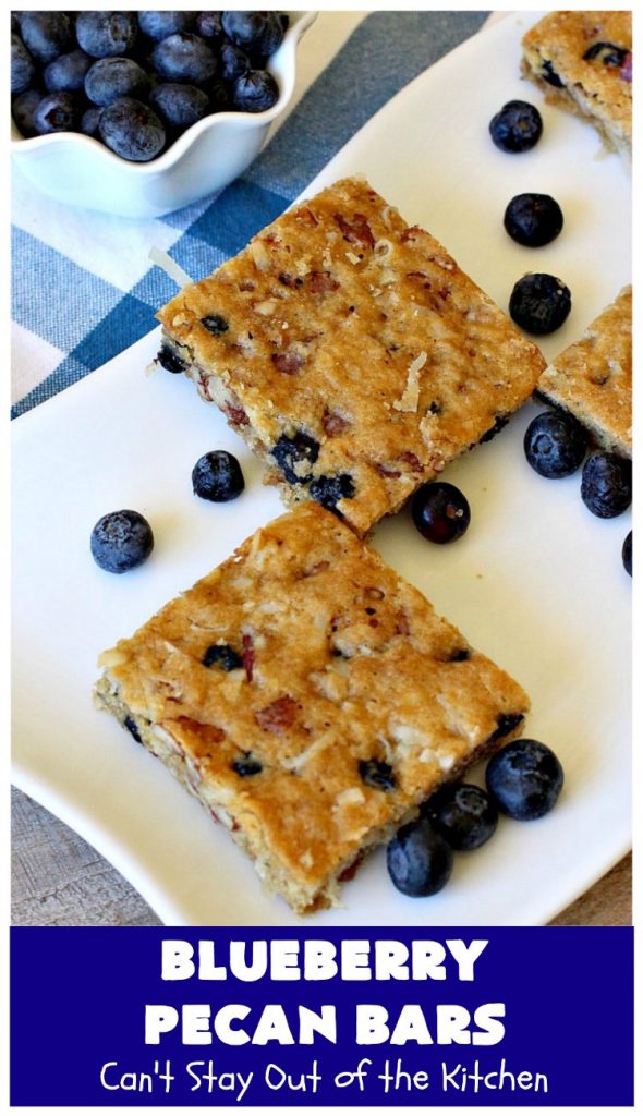 Blueberry Pecan Bars | Can't Stay Out of the Kitchen | these luscious, crunchy bar-type #cookies are filled with dried #blueberries, #pecans & #coconut. They're outrageously addictive! #tailgating #dessert #brownies #BlueberryDessert #BlueberryPecanBars