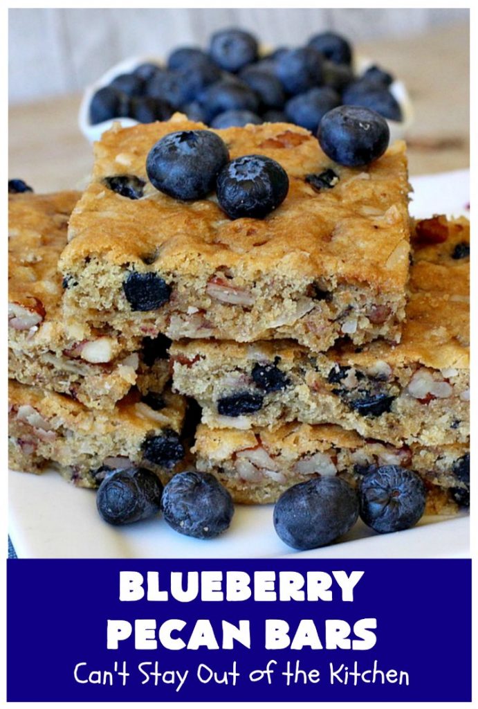 Blueberry Pecan Bars | Can't Stay Out of the Kitchen | these luscious, crunchy bar-type #cookies are filled with dried #blueberries, #pecans & #coconut. They're outrageously addictive! #tailgating #dessert #brownies #BlueberryDessert #BlueberryPecanBars