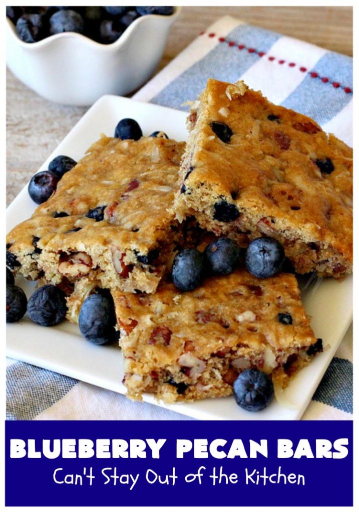 Blueberry Pecan Bars | Can't Stay Out of the Kitchen | these luscious, crunchy bar-type #cookies are filled with dried #blueberries, #pecans & #coconut. They're outrageously addictive! #tailgating #dessert #brownies #BlueberryDessert #BlueberryPecanBars