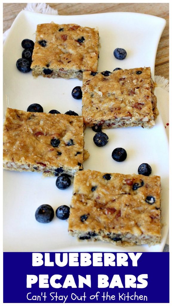 Blueberry Pecan Bars | Can't Stay Out of the Kitchen | these luscious, crunchy bar-type #cookies are filled with dried #blueberries, #pecans & #coconut. They're outrageously addictive! #tailgating #dessert #brownies #BlueberryDessert #BlueberryPecanBars