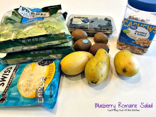 Blueberry Romaine Salad | Can't Stay Out of the Kitchen | fabulous #salad with #blueberries, #kiwi, #mangos, #cashews & a homemade poppyseed dressing. #glutenfree