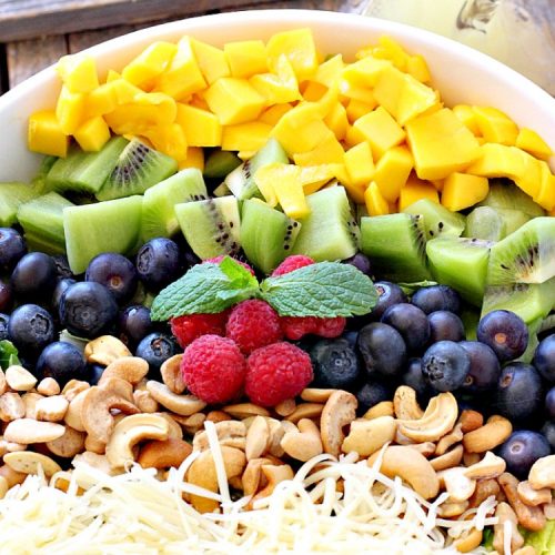 Blueberry Romaine Salad | Can't Stay Out of the Kitchen | fabulous #salad with #blueberries, #kiwi, #mangos, #cashews & a homemade poppyseed dressing. #glutenfree