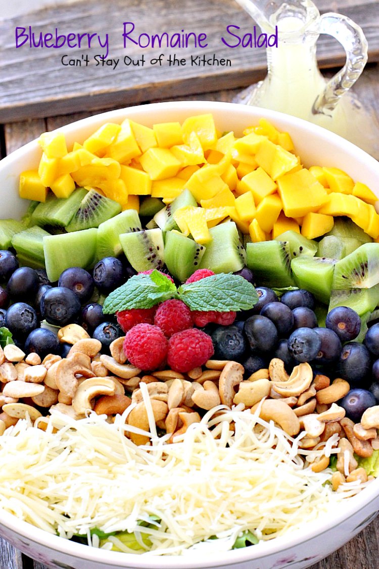 Blueberry Romaine Salad | Can't Stay Out of the Kitchen | fabulous #salad with #blueberries, #kiwi, #mangos, #cashews & a homemade poppyseed dressing. #glutenfree