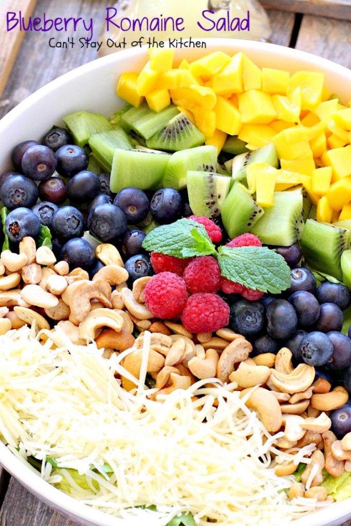 Blueberry Romaine Salad | Can't Stay Out of the Kitchen | fabulous #salad with #blueberries, #kiwi, #mangos, #cashews & a homemade poppyseed dressing. #glutenfree