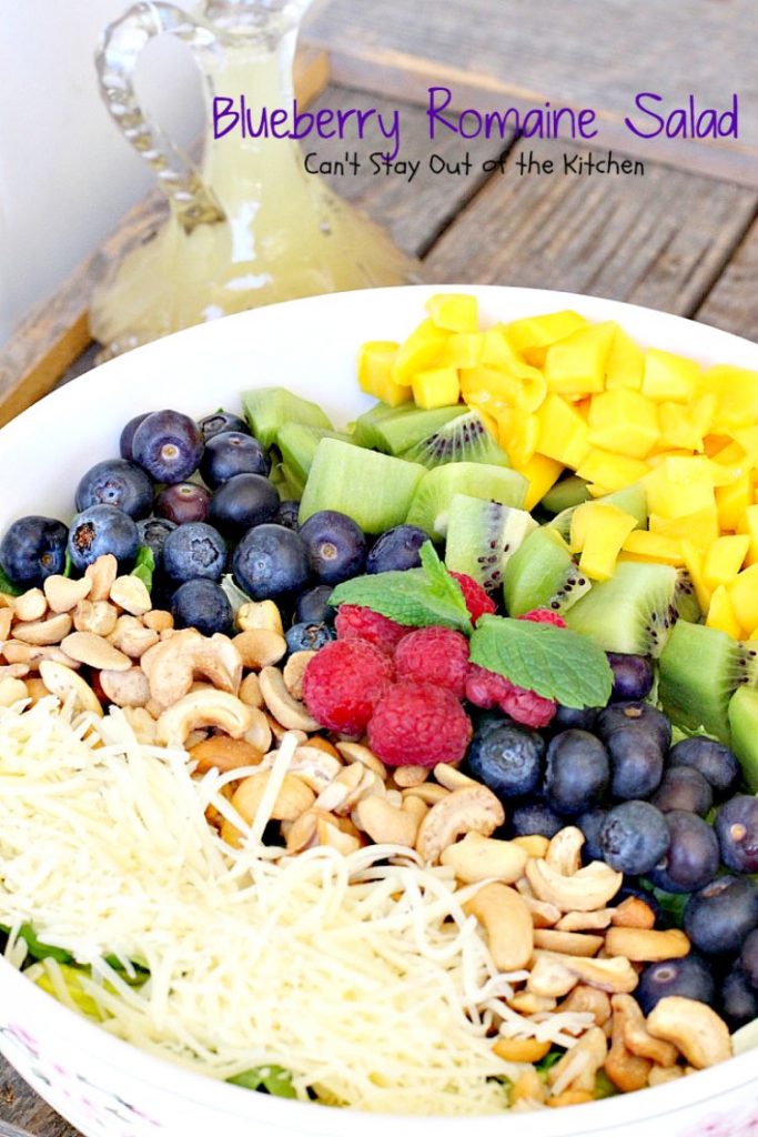 Blueberry Romaine Salad | Can't Stay Out of the Kitchen | fabulous #salad with #blueberries, #kiwi, #mangos, #cashews & a homemade poppyseed dressing. #glutenfree