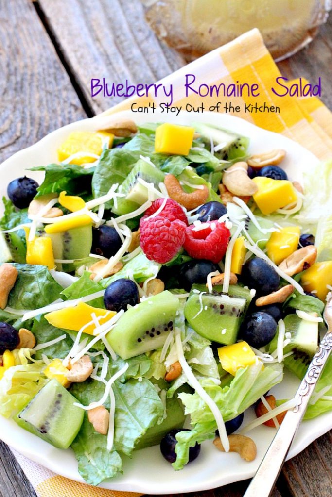 Blueberry Romaine Salad | Can't Stay Out of the Kitchen | fabulous #salad with #blueberries, #kiwi, #mangos, #cashews & a homemade poppyseed dressing. #glutenfree