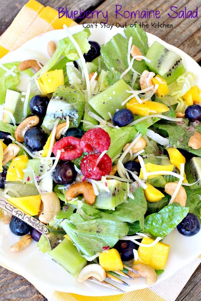 Blueberry Romaine Salad | Can't Stay Out of the Kitchen | fabulous #salad with #blueberries, #kiwi, #mangos, #cashews & a homemade poppyseed dressing. #glutenfree