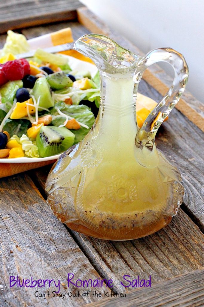 Blueberry Romaine Salad | Can't Stay Out of the Kitchen | fabulous #salad with #blueberries, #kiwi, #mangos, #cashews & a homemade poppyseed dressing. #glutenfree