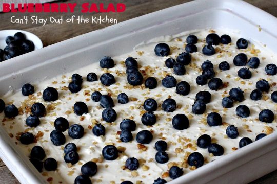 Blueberry Salad | Can't Stay Out of the Kitchen | this scrumptious congealed #salad is made with #grape #JellO, #pineapple, #blueberrypiefilling & has a lovely #creamcheese topping. It's delightful for potlucks, company or #holidays like #Thanksgiving or #Christmas. #JelloSalad #congealedsalad #blueberries #glutenfree