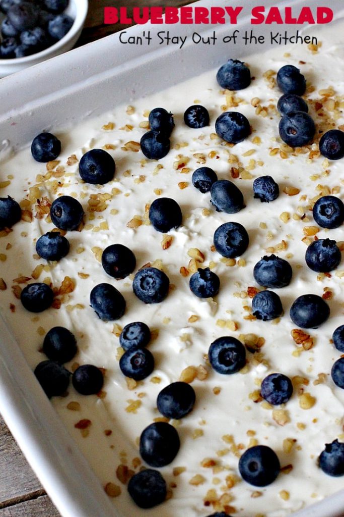 Blueberry Salad | Can't Stay Out of the Kitchen | this scrumptious congealed #salad is made with #grape #JellO, #pineapple, #blueberrypiefilling & has a lovely #creamcheese topping. It's delightful for potlucks, company or #holidays like #Thanksgiving or #Christmas. #JelloSalad #congealedsalad #blueberries #glutenfree