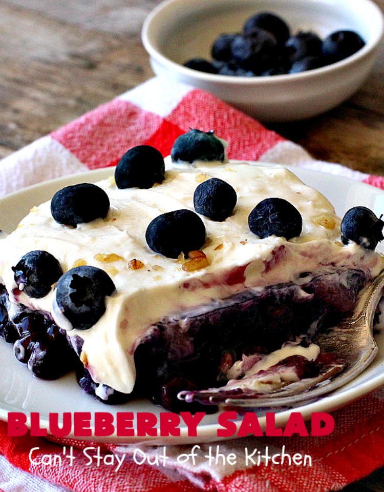 Blueberry Salad | Can't Stay Out of the Kitchen | this scrumptious congealed #salad is made with #grape #JellO, #pineapple, #blueberrypiefilling & has a lovely #creamcheese topping. It's delightful for potlucks, company or #holidays like #Thanksgiving or #Christmas. #JelloSalad #congealedsalad #blueberries #glutenfree