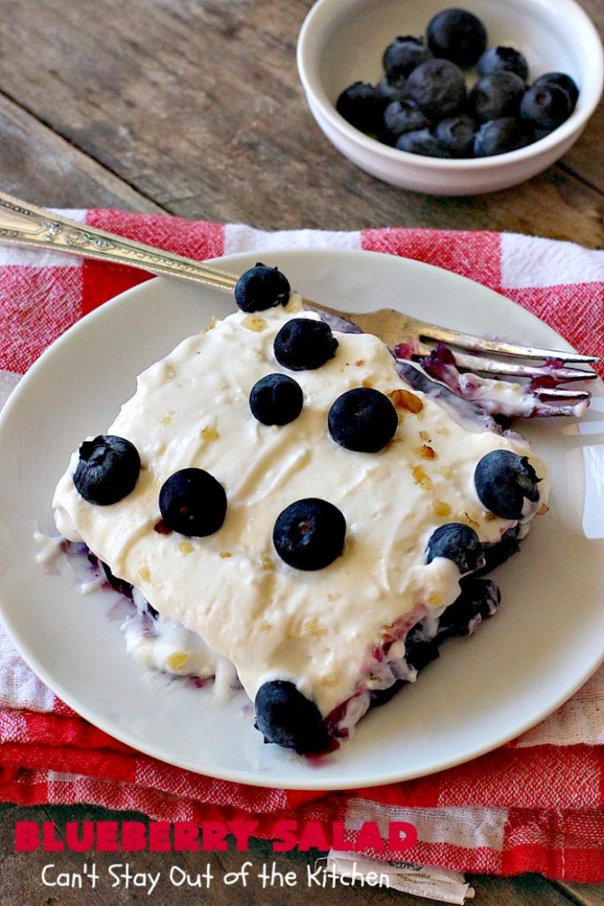 Blueberry Salad | Can't Stay Out of the Kitchen | this scrumptious congealed #salad is made with #grape #JellO, #pineapple, #blueberrypiefilling & has a lovely #creamcheese topping. It's delightful for potlucks, company or #holidays like #Thanksgiving or #Christmas. #JelloSalad #congealedsalad #blueberries #glutenfree