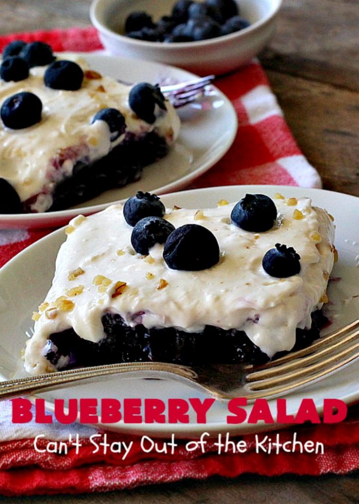 Blueberry Salad | Can't Stay Out of the Kitchen | this scrumptious congealed #salad is made with #grape #JellO, #pineapple, #blueberrypiefilling & has a lovely #creamcheese topping. It's delightful for potlucks, company or #holidays like #Thanksgiving or #Christmas. #JelloSalad #congealedsalad #blueberries #glutenfree