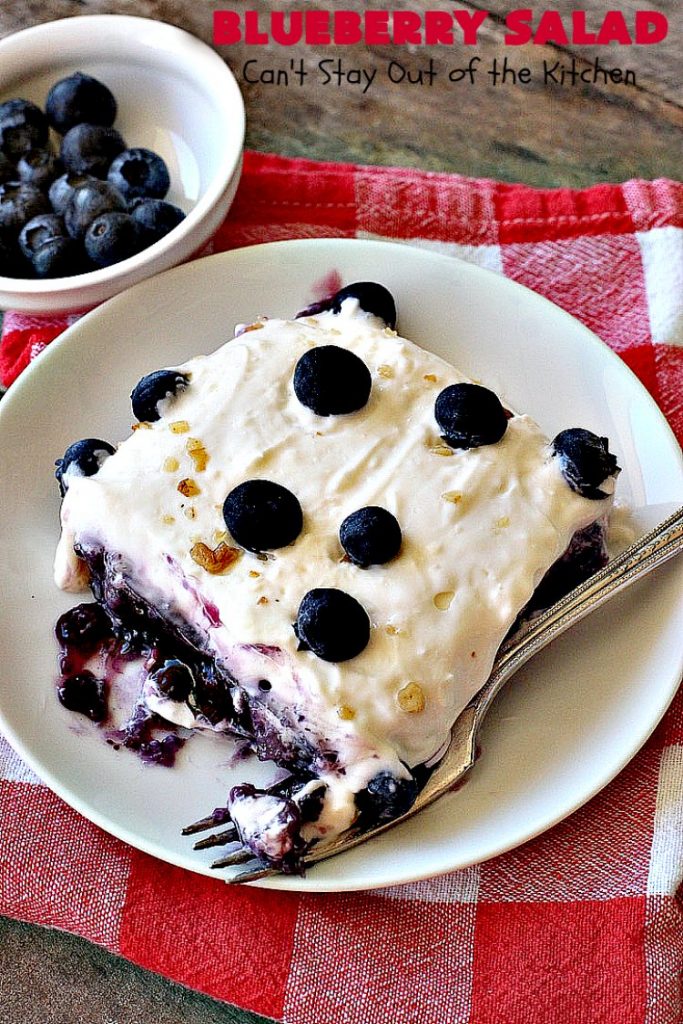 Blueberry Salad | Can't Stay Out of the Kitchen | this scrumptious congealed #salad is made with #grape #JellO, #pineapple, #blueberrypiefilling & has a lovely #creamcheese topping. It's delightful for potlucks, company or #holidays like #Thanksgiving or #Christmas. #JelloSalad #congealedsalad #blueberries #glutenfree