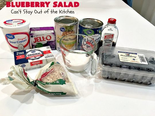 Blueberry Salad | Can't Stay Out of the Kitchen | this scrumptious congealed #salad is made with #grape #JellO, #pineapple, #blueberrypiefilling & has a lovely #creamcheese topping. It's delightful for potlucks, company or #holidays like #Thanksgiving or #Christmas. #JelloSalad #congealedsalad #blueberries #glutenfree