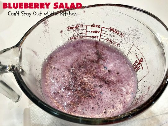 Blueberry Salad | Can't Stay Out of the Kitchen | this scrumptious congealed #salad is made with #grape #JellO, #pineapple, #blueberrypiefilling & has a lovely #creamcheese topping. It's delightful for potlucks, company or #holidays like #Thanksgiving or #Christmas. #JelloSalad #congealedsalad #blueberries #glutenfree