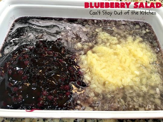Blueberry Salad | Can't Stay Out of the Kitchen | this scrumptious congealed #salad is made with #grape #JellO, #pineapple, #blueberrypiefilling & has a lovely #creamcheese topping. It's delightful for potlucks, company or #holidays like #Thanksgiving or #Christmas. #JelloSalad #congealedsalad #blueberries #glutenfree