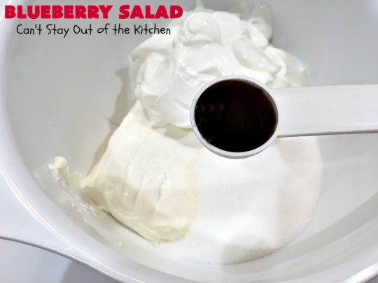 Blueberry Salad | Can't Stay Out of the Kitchen | this scrumptious congealed #salad is made with #grape #JellO, #pineapple, #blueberrypiefilling & has a lovely #creamcheese topping. It's delightful for potlucks, company or #holidays like #Thanksgiving or #Christmas. #JelloSalad #congealedsalad #blueberries #glutenfree