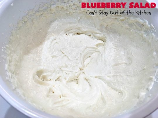 Blueberry Salad | Can't Stay Out of the Kitchen | this scrumptious congealed #salad is made with #grape #JellO, #pineapple, #blueberrypiefilling & has a lovely #creamcheese topping. It's delightful for potlucks, company or #holidays like #Thanksgiving or #Christmas. #JelloSalad #congealedsalad #blueberries #glutenfree