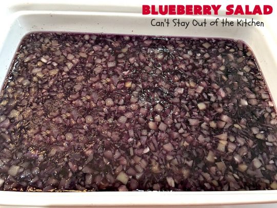 Blueberry Salad | Can't Stay Out of the Kitchen | this scrumptious congealed #salad is made with #grape #JellO, #pineapple, #blueberrypiefilling & has a lovely #creamcheese topping. It's delightful for potlucks, company or #holidays like #Thanksgiving or #Christmas. #JelloSalad #congealedsalad #blueberries #glutenfree