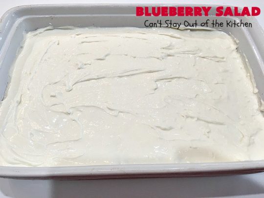 Blueberry Salad | Can't Stay Out of the Kitchen | this scrumptious congealed #salad is made with #grape #JellO, #pineapple, #blueberrypiefilling & has a lovely #creamcheese topping. It's delightful for potlucks, company or #holidays like #Thanksgiving or #Christmas. #JelloSalad #congealedsalad #blueberries #glutenfree