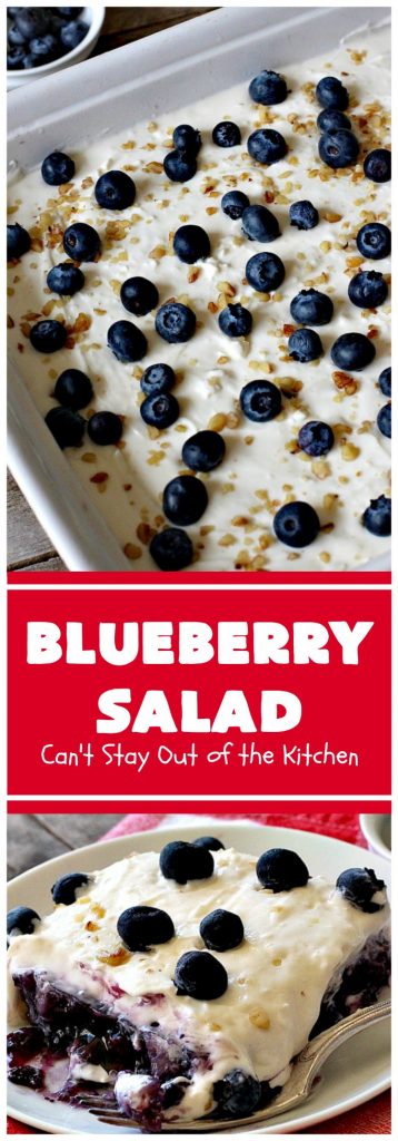Blueberry Salad | Can't Stay Out of the Kitchen | this scrumptious congealed #salad is made with #grape #JellO, #pineapple, #blueberrypiefilling & has a lovely #creamcheese topping. It's delightful for potlucks, company or #holidays like #Thanksgiving or #Christmas. #JelloSalad #congealedsalad #blueberries #glutenfree