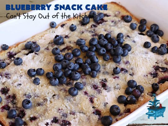 Blueberry Snack Cake | Can't Stay Out of the Kitchen | this lovely 7-ingredient #dessert is light & refreshing. It's filled with #blueberries & can be whipped up & on the table in 45 minutes. It's perfect for picnics, potlucks, backyard BBQs, or even #tailgating parties. #cake #BlueberryDessert #BlueberrySnackCake