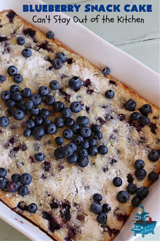 Blueberry Snack Cake | Can't Stay Out of the Kitchen | this lovely 7-ingredient #dessert is light & refreshing. It's filled with #blueberries & can be whipped up & on the table in 45 minutes. It's perfect for picnics, potlucks, backyard BBQs, or even #tailgating parties. #cake #BlueberryDessert #BlueberrySnackCake