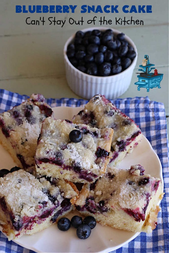 Blueberry Snack Cake | Can't Stay Out of the Kitchen | this lovely 7-ingredient #dessert is light & refreshing. It's filled with #blueberries & can be whipped up & on the table in 45 minutes. It's perfect for picnics, potlucks, backyard BBQs, or even #tailgating parties. #cake #BlueberryDessert #BlueberrySnackCake