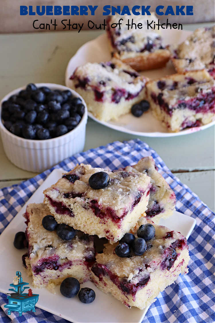 Blueberry Snack Cake | Can't Stay Out of the Kitchen | this lovely 7-ingredient #dessert is light & refreshing. It's filled with #blueberries & can be whipped up & on the table in 45 minutes. It's perfect for picnics, potlucks, backyard BBQs, or even #tailgating parties. #cake #BlueberryDessert #BlueberrySnackCake