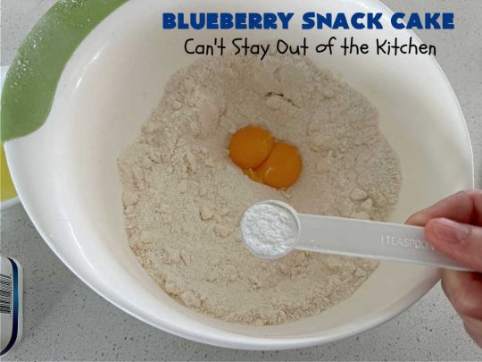 Blueberry Snack Cake | Can't Stay Out of the Kitchen | this lovely 7-ingredient #dessert is light & refreshing. It's filled with #blueberries & can be whipped up & on the table in 45 minutes. It's perfect for picnics, potlucks, backyard BBQs, or even #tailgating parties. #cake #BlueberryDessert #BlueberrySnackCake
