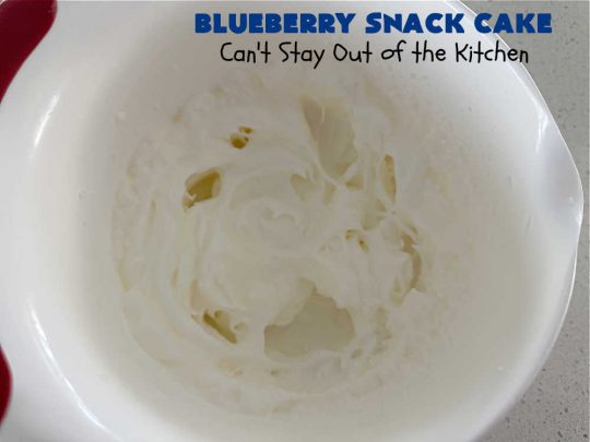 Blueberry Snack Cake | Can't Stay Out of the Kitchen | this lovely 7-ingredient #dessert is light & refreshing. It's filled with #blueberries & can be whipped up & on the table in 45 minutes. It's perfect for picnics, potlucks, backyard BBQs, or even #tailgating parties. #cake #BlueberryDessert #BlueberrySnackCake