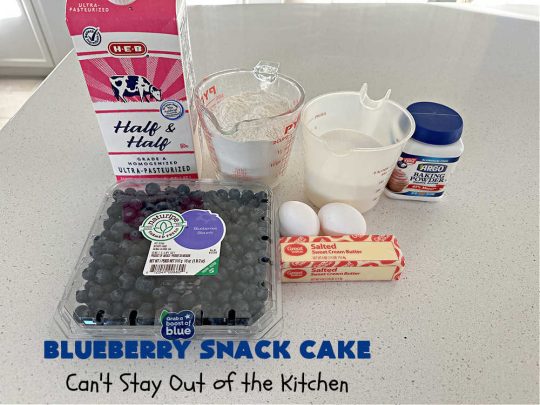 Blueberry Snack Cake | Can't Stay Out of the Kitchen | this lovely 7-ingredient #dessert is light & refreshing. It's filled with #blueberries & can be whipped up & on the table in 45 minutes. It's perfect for picnics, potlucks, backyard BBQs, or even #tailgating parties. #cake #BlueberryDessert #BlueberrySnackCake