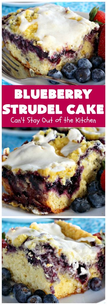 Blueberry Strudel Cake | Can't Stay Out of the Kitchen | this spectacular #cake is divine! The crust layer is made with a boxed #cakemix. It's topped with #Blueberrypiefilling, a streusel layer & glazed with an #almond flavored icing. Terrific #dessert for #Easter or #MothersDay. #BlueberryStrudelCake #BlueberryCake #BlueberryDessert #Coffeecake #breakfast #HolidayBreakfast #BlueberryCoffeecake