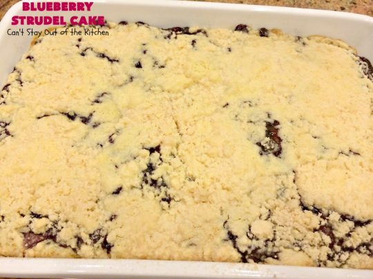 Blueberry Strudel Cake | Can't Stay Out of the Kitchen | this spectacular #cake is divine! The crust layer is made with a boxed #cakemix. It's topped with #Blueberrypiefilling, a streusel layer & glazed with an #almond flavored icing. Terrific #dessert for #Easter or #MothersDay. #BlueberryStrudelCake #BlueberryCake #BlueberryDessert #Coffeecake #breakfast #HolidayBreakfast #BlueberryCoffeecake