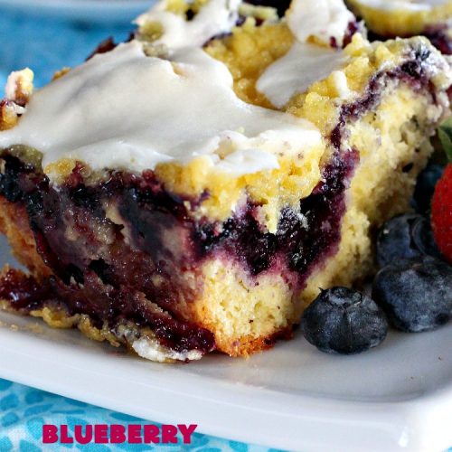 Blueberry Strudel Cake | Can't Stay Out of the Kitchen | this spectacular #cake is divine! The crust layer is made with a boxed #cakemix. It's topped with #Blueberrypiefilling, a streusel layer & glazed with an #almond flavored icing. Terrific #dessert for #Easter or #MothersDay. #BlueberryStrudelCake #BlueberryCake #BlueberryDessert #Coffeecake #breakfast #HolidayBreakfast #BlueberryCoffeecake
