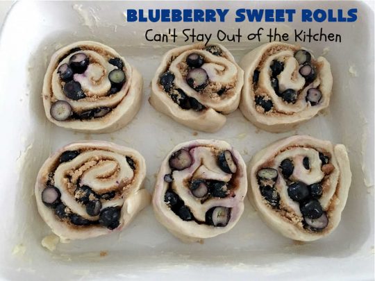 Blueberry Sweet Rolls | Can't Stay Out of the Kitchen | the most awesome #SweetRolls ever! These heavenly #rolls are filled with fresh #blueberries & iced with a luscious #buttercream frosting. Every bite will have you drooling! On top of that you don't have to hand-knead the dough! Great for a weekend, company or #holiday #breakfast. #HolidayBreakfast #ValentinesDay #brunch #BlueberrySweetRolls