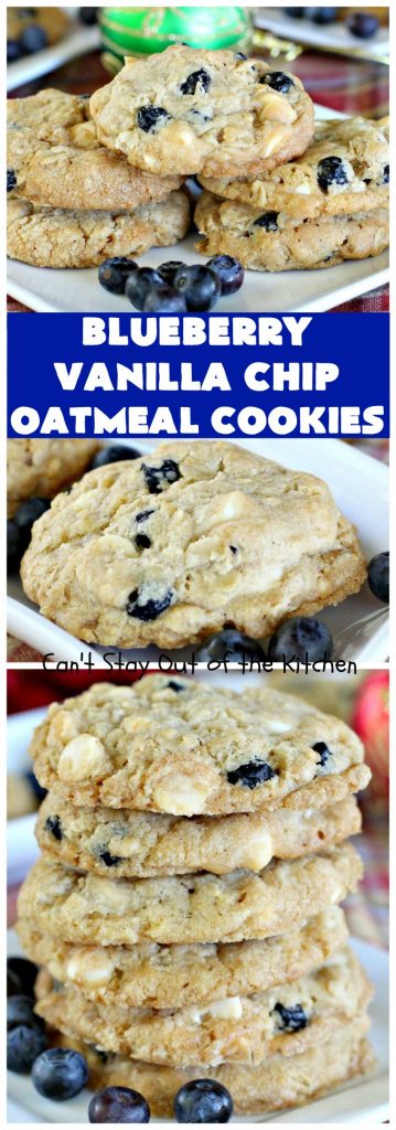 Blueberry Vanilla Chip Oatmeal Cookies | Can't Stay Out of the Kitchen | my family raved over these amazing #cookies. They're made with dried #blueberries, #oatmeal & #VanillaChips. It's one of the best #OatmealCookies you'll ever eat! Terrific for #holiday parties or a #ChristmasCookieExchange. #dessert #BlueberryVanillaChipOatmealCookies #BlueberryDessert