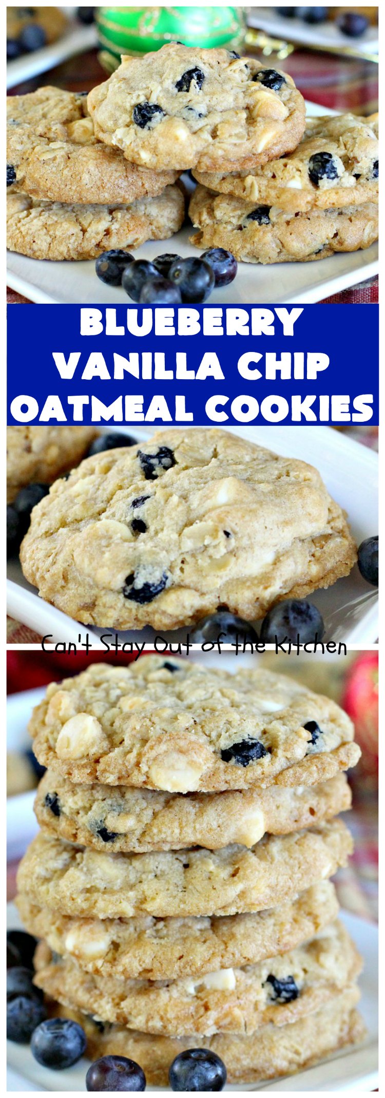 Blueberry Vanilla Chip Oatmeal Cookies | Can't Stay Out of the Kitchen | my family raved over these amazing #cookies.  They're made with dried #blueberries, #oatmeal & #VanillaChips. It's one of the best #OatmealCookies you'll ever eat! Terrific for #holiday parties or a #ChristmasCookieExchange. #dessert #BlueberryVanillaChipOatmealCookies #BlueberryDessert