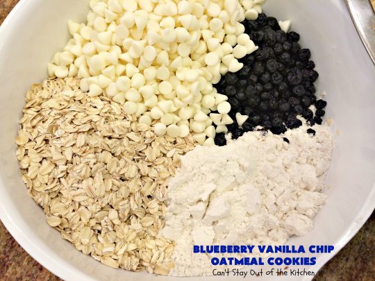 Blueberry Vanilla Chip Oatmeal Cookies | Can't Stay Out of the Kitchen | my family raved over these amazing #cookies. They're made with dried #blueberries, #oatmeal & #VanillaChips. It's one of the best #OatmealCookies you'll ever eat! Terrific for #holiday parties or a #ChristmasCookieExchange. #dessert #BlueberryVanillaChipOatmealCookies #BlueberryDessert