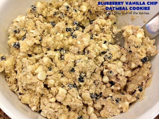 Blueberry Vanilla Chip Oatmeal Cookies | Can't Stay Out of the Kitchen | my family raved over these amazing #cookies. They're made with dried #blueberries, #oatmeal & #VanillaChips. It's one of the best #OatmealCookies you'll ever eat! Terrific for #holiday parties or a #ChristmasCookieExchange. #dessert #BlueberryVanillaChipOatmealCookies #BlueberryDessert